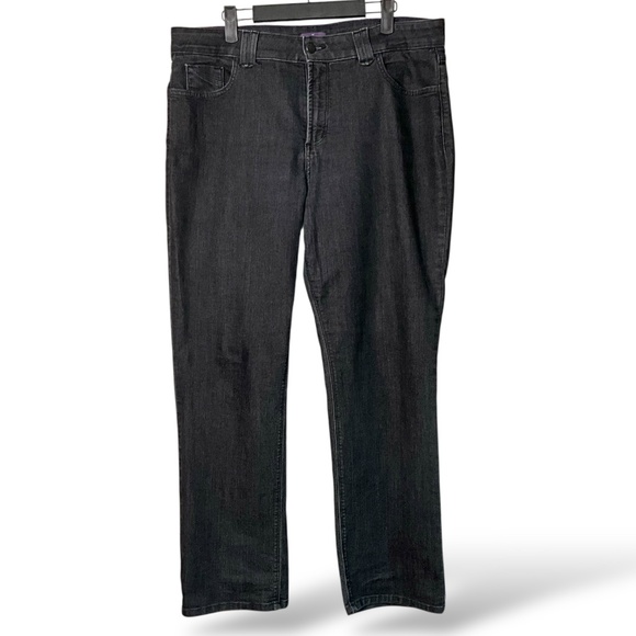 NYDJ Cotton Blend Stretch Black Wash Straight Leg 5 Pocket Jeans US Sz 16P - Picture 1 of 11